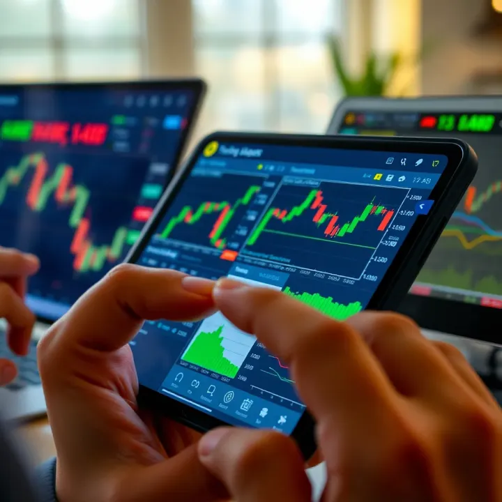 Trading App Interface Displaying Market Data User navigating a trading app interface with charts and market data displayed on a mobile device