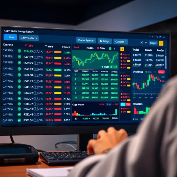 Overview of Copy Trading Platform with Trader Performance Insights Interface showing a list of traders with performance metrics and options to copy trades