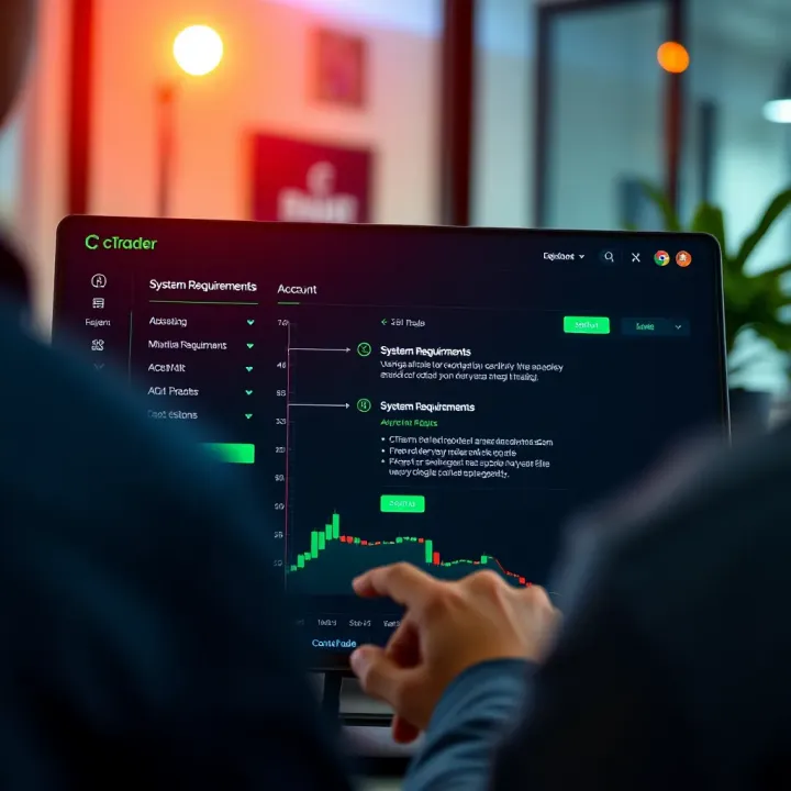 User navigating account setup screen on cTrader with system requirements displayed