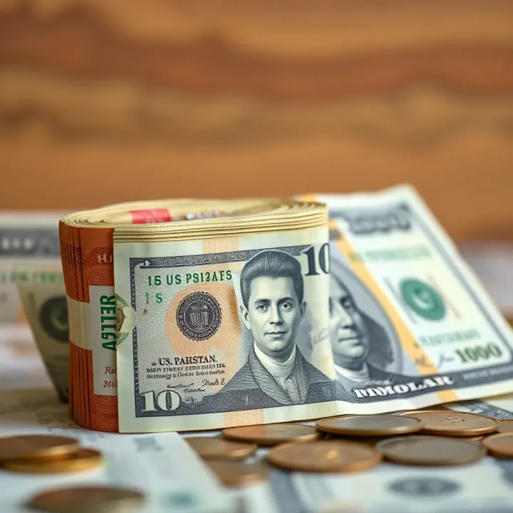 Pakistani Rupees and US Dollars Currency Conversion Stack of Pakistani rupee banknotes alongside US dollar bills illustrating currency conversion