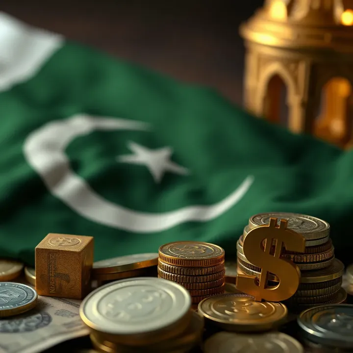 Economic and Political Influences on Pakistan's Dollar Rate Conceptual illustration of economic and political factors influencing currency value with Pakistan's flag and dollar symbols