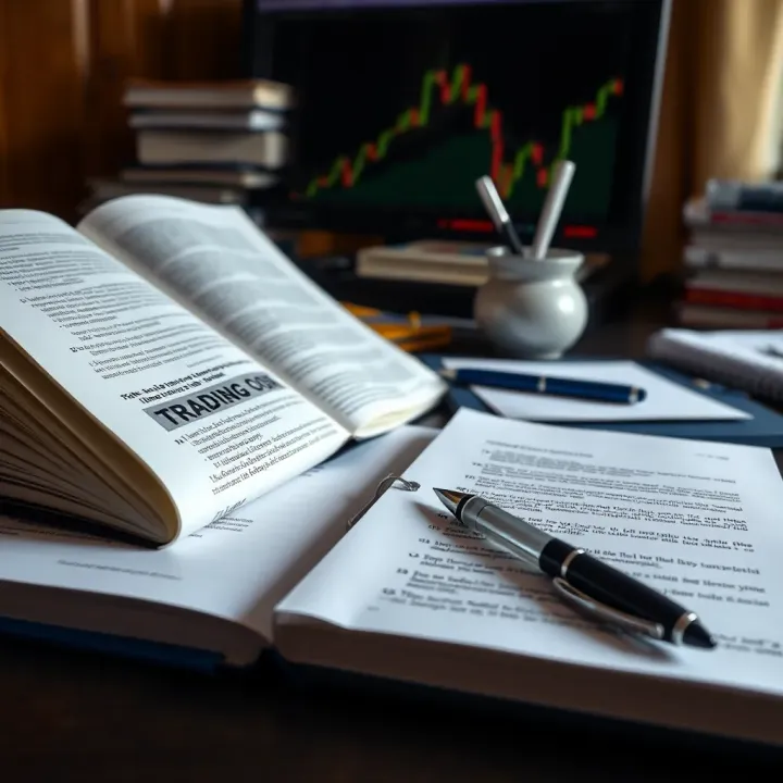 Tips for Effective Use of Trading Books A desk setup with printed trading book pages, notes, and a pen for studying market strategies