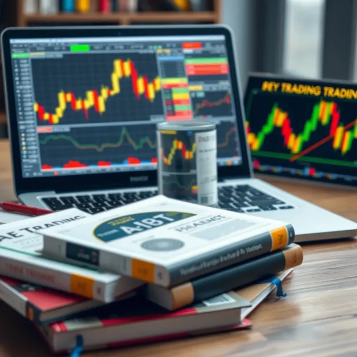 Collection of trading books and laptop showing stock market charts