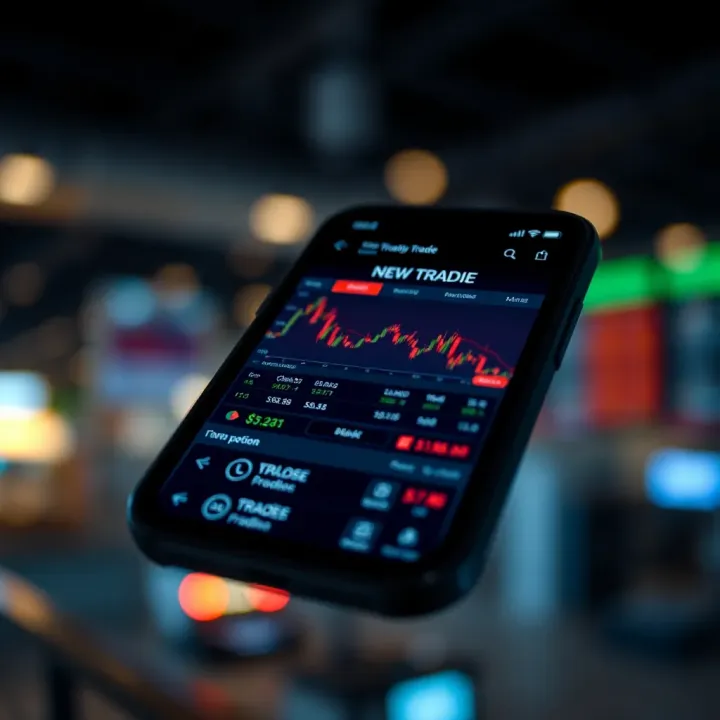 Trading App Interface Showing Market Data and Trade Options Mobile phone screen displaying a trading application interface with market charts and trade options