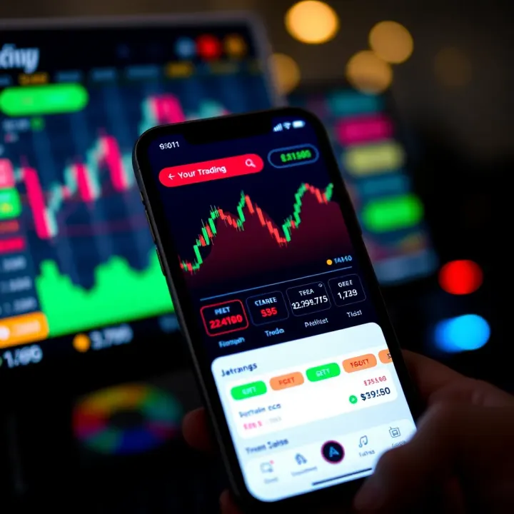 Trading App Interface Featuring Virtual Trading Environment Mobile phone displaying a trading app interface with charts and virtual currency balances