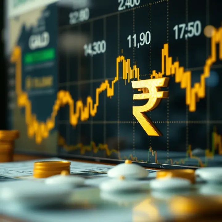 Graph showing gold price fluctuations with Pakistani rupee symbol overlay