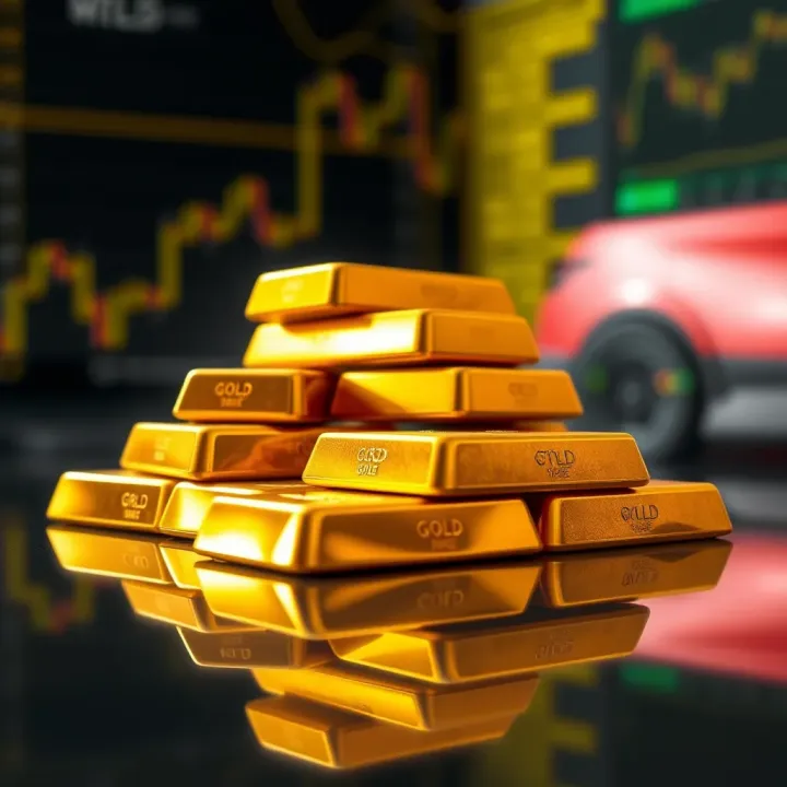 Close-up of gold bars stacked on a reflective surface symbolizing wealth and investment