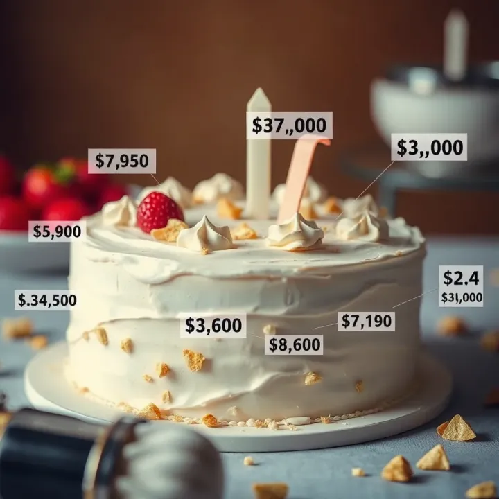 Impact of Ingredient Costs on Cake Prices Illustration of various cake ingredients with price tags highlighting impact on overall cake costs