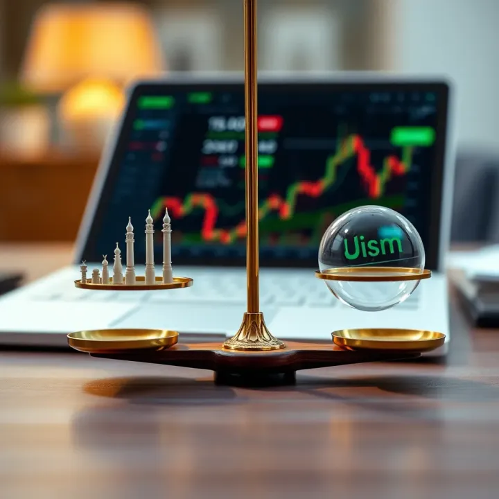 Illustration showing a balance scale with Islamic finance symbols on one side and a digital trading platform interface on the other