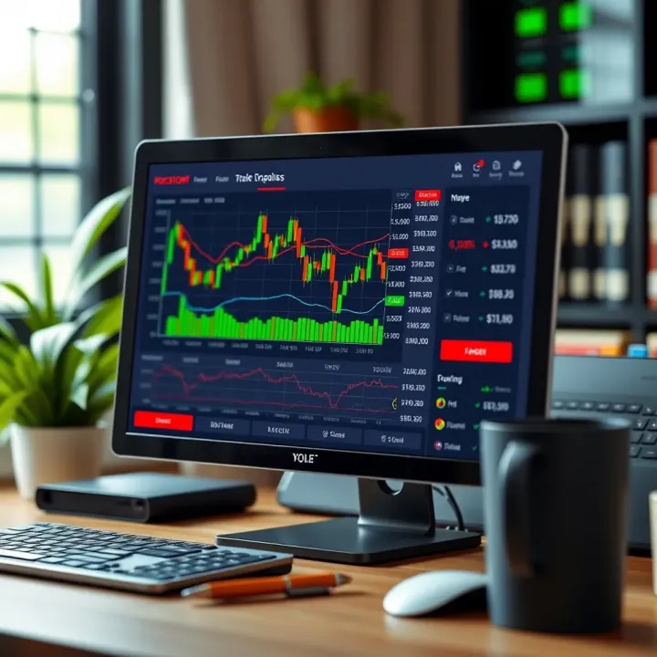 User interface displaying Pocket Option trading platform on a desktop computer with market charts and trading tools