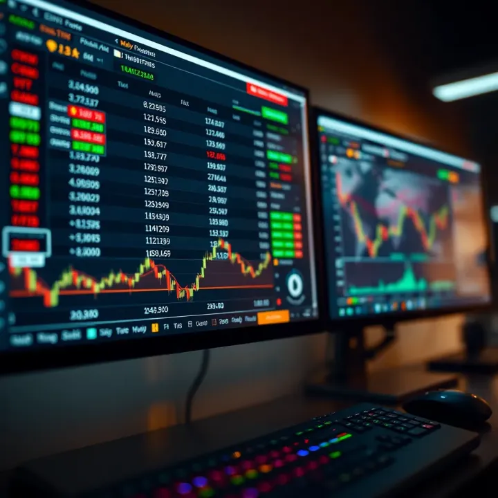 Forex Trading Platforms and Currency Exchange Visualization Digital interface showing currency exchange rates and trading charts on a computer screen