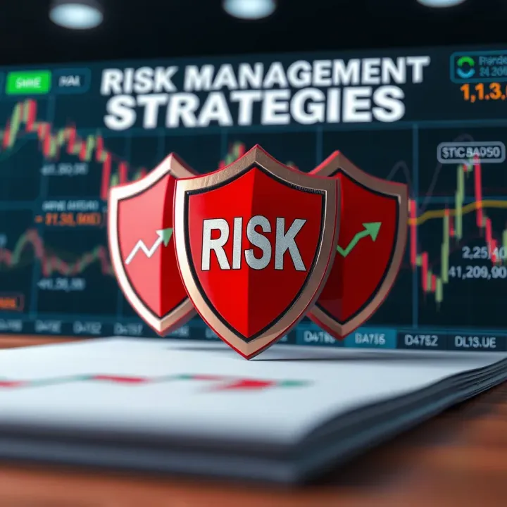 Conceptual graphic illustrating risk management strategies with protective shields and financial graphs
