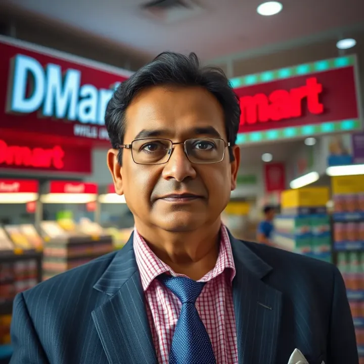 Radhakishan Damani: The Visionary Behind DMart's Success Portrait of Radhakishan Damani with DMart store in the background