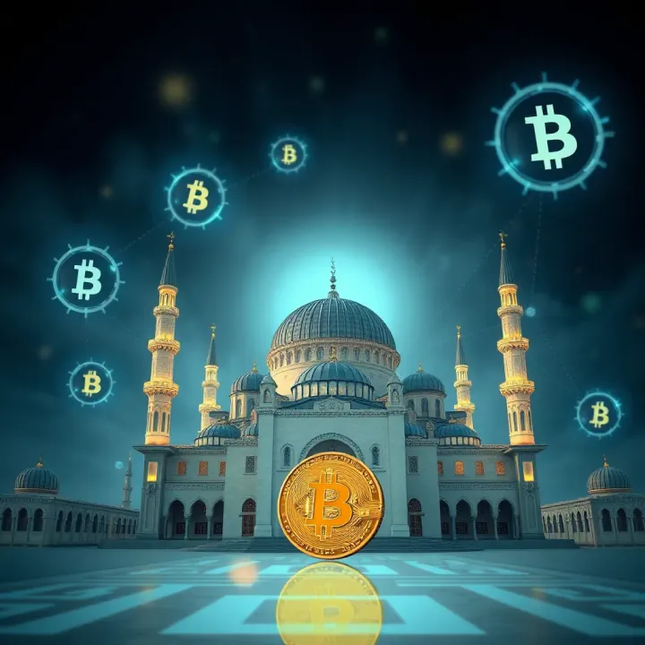 Shariah-Compliant Digital Investments for Global Investors Conceptual graphic showing digital coins and a mosque dome representing Shariah-compliant investment options