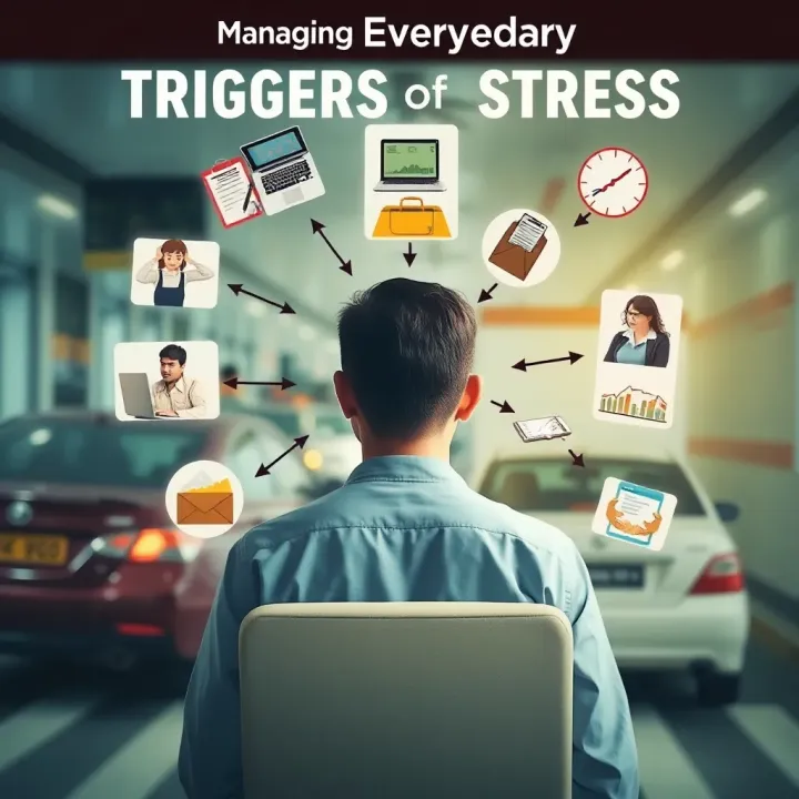 Illustration showing a person surrounded by daily stress triggers like work tasks, traffic, and financial concerns