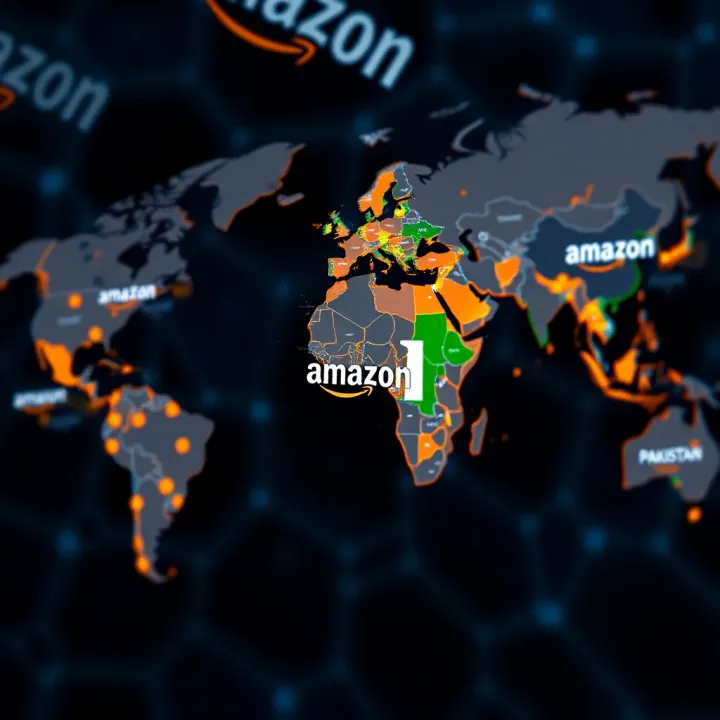 Amazon's Global Market Presence with Insights for Pakistan Global map highlighting Amazon's market reach and influence with emphasis on the Pakistan region