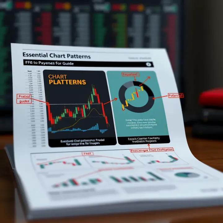Essential Chart Patterns in PDF Guide for Traders Screenshot of a PDF guide highlighting essential chart patterns with annotations and practical tips