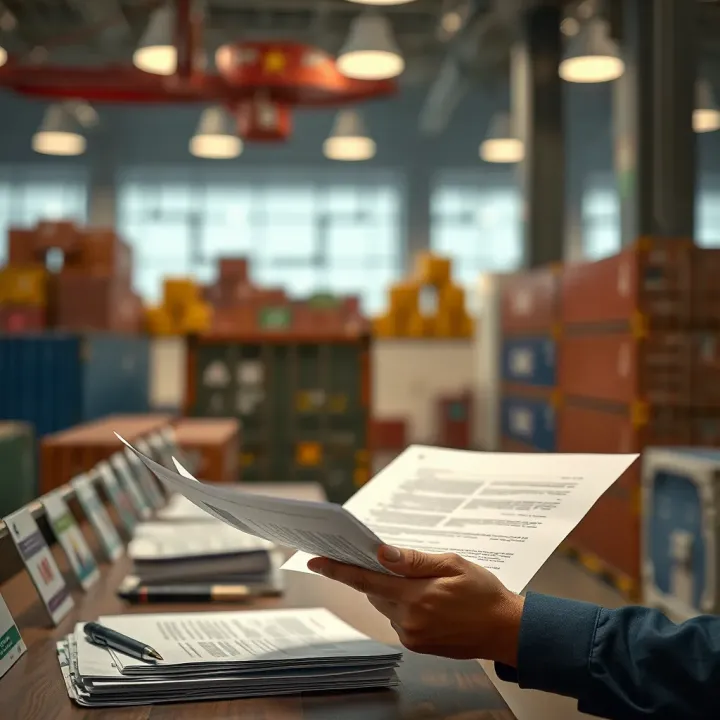 Business person reviewing export documents and international trade agreements