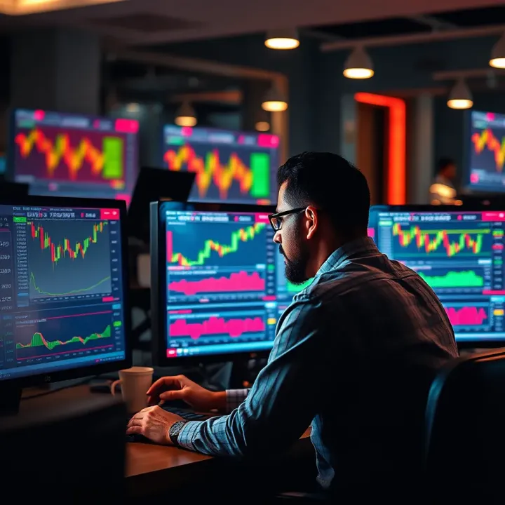 Analyzing Forex Charts in Demo Contest Trader analyzing forex charts on multiple screens during demo contest