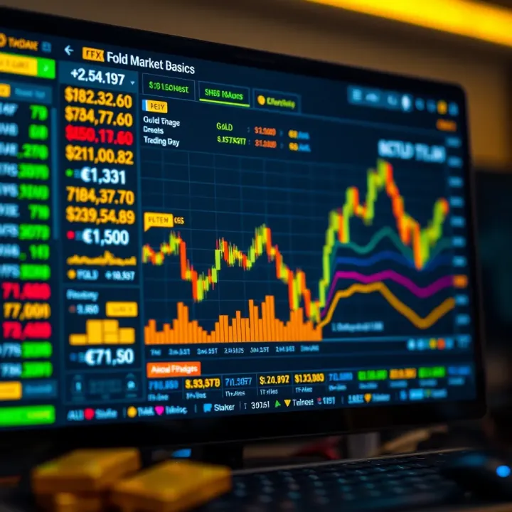 User interface of a forex trading platform displaying gold trading options and market data