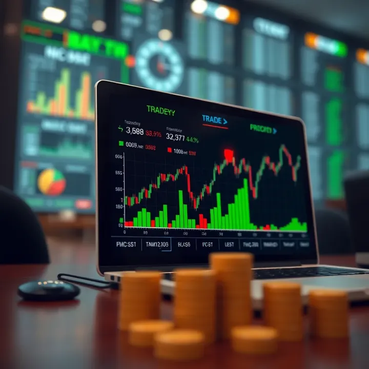 Graphical representation of financial market trends with digital trading icons