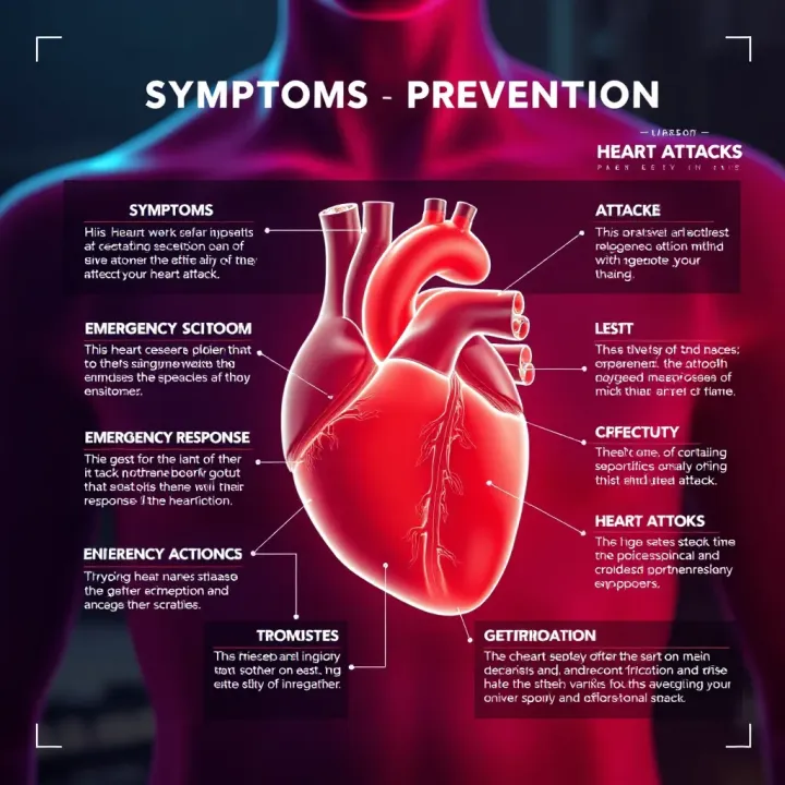 Symptoms and Prevention of Heart Attacks Diagram showing common symptoms of a heart attack and emergency response actions