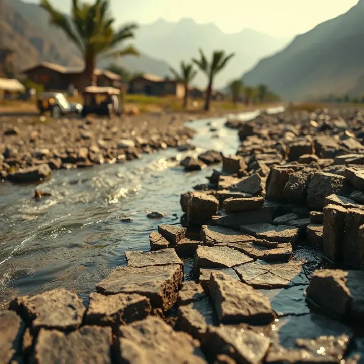 Water Resource Challenges Amidst Rising Summer Temperatures in Pakistan Water scarcity with a cracked riverbed and limited water flow highlighting water resource challenges during Pakistan's hot summer months