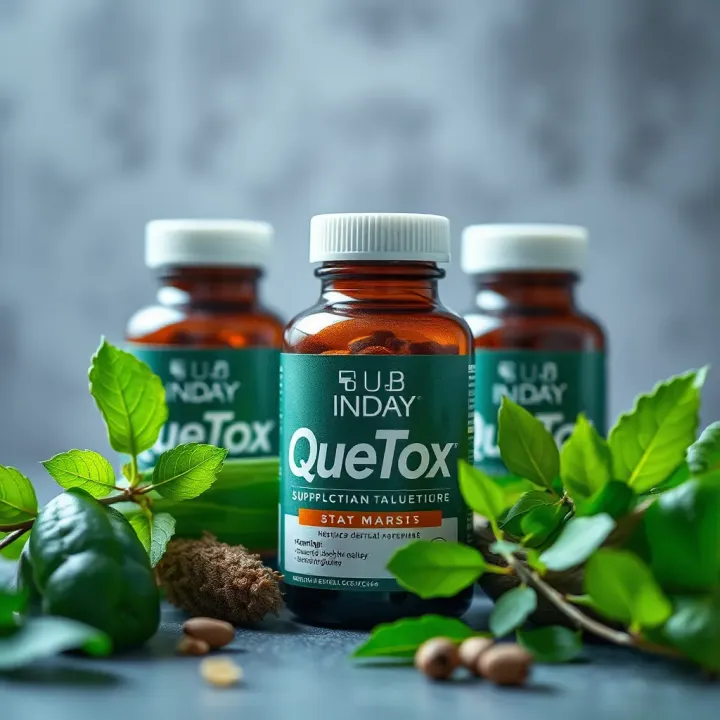 Detox Benefits and Health Considerations of QueTox Bottles of QueTox supplement with herbs symbolizing detox benefits