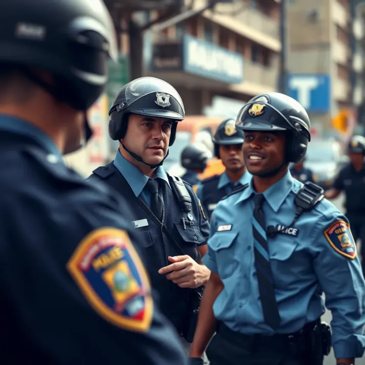 Police officers in uniform conducting a community outreach program in an urban area