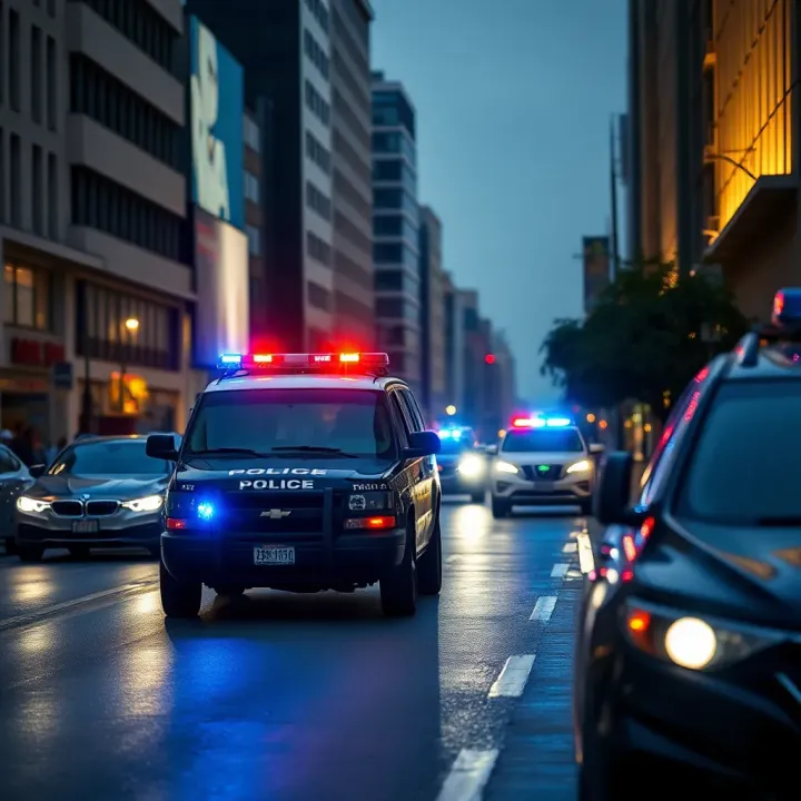 Patrol and Public Safety Operations by Police Forces Law enforcement vehicles on patrol in a city street during evening hours