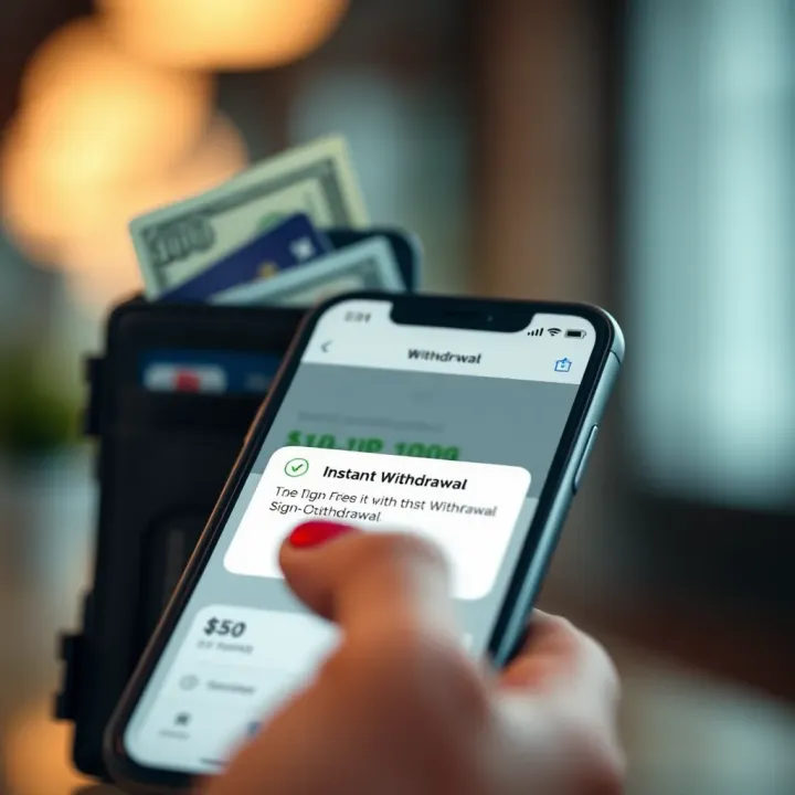 Digital wallet with cash and mobile phone showing instant withdrawal notification