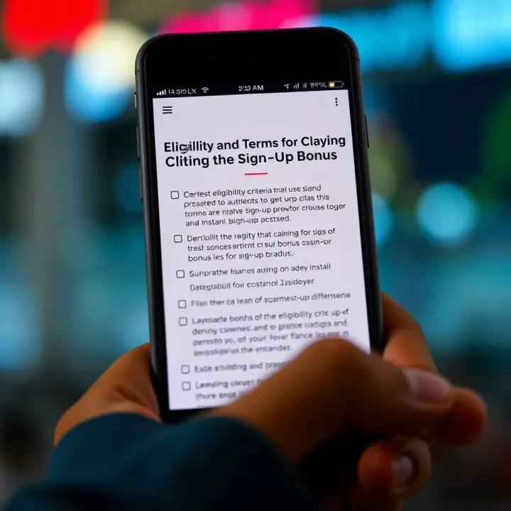 Eligibility and Terms for Claiming the Sign-Up Bonus Checklist of eligibility criteria and terms for claiming a sign-up bonus on a smartphone screen