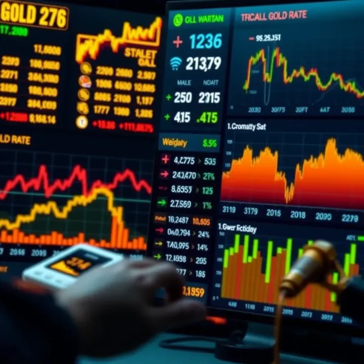 Digital dashboard displaying live gold rate updates alongside global economic indicators and currency values