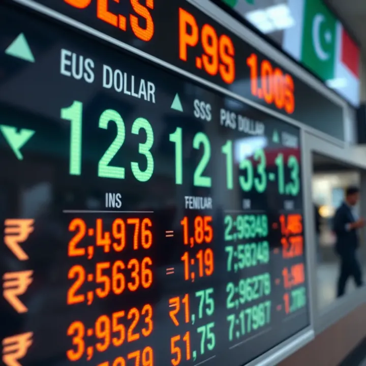 Currency exchange rate board showing US dollar to Pakistani rupee conversion values