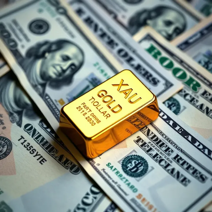 Gold Pricing Against the US Dollar in XAU to USD Exchange Close-up of a gold bar resting on US dollar bills symbolizing the XAU to USD exchange rate