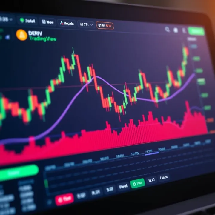 Deriv TradingView platform showcasing a detailed candlestick chart with various technical indicators applied for market analysis